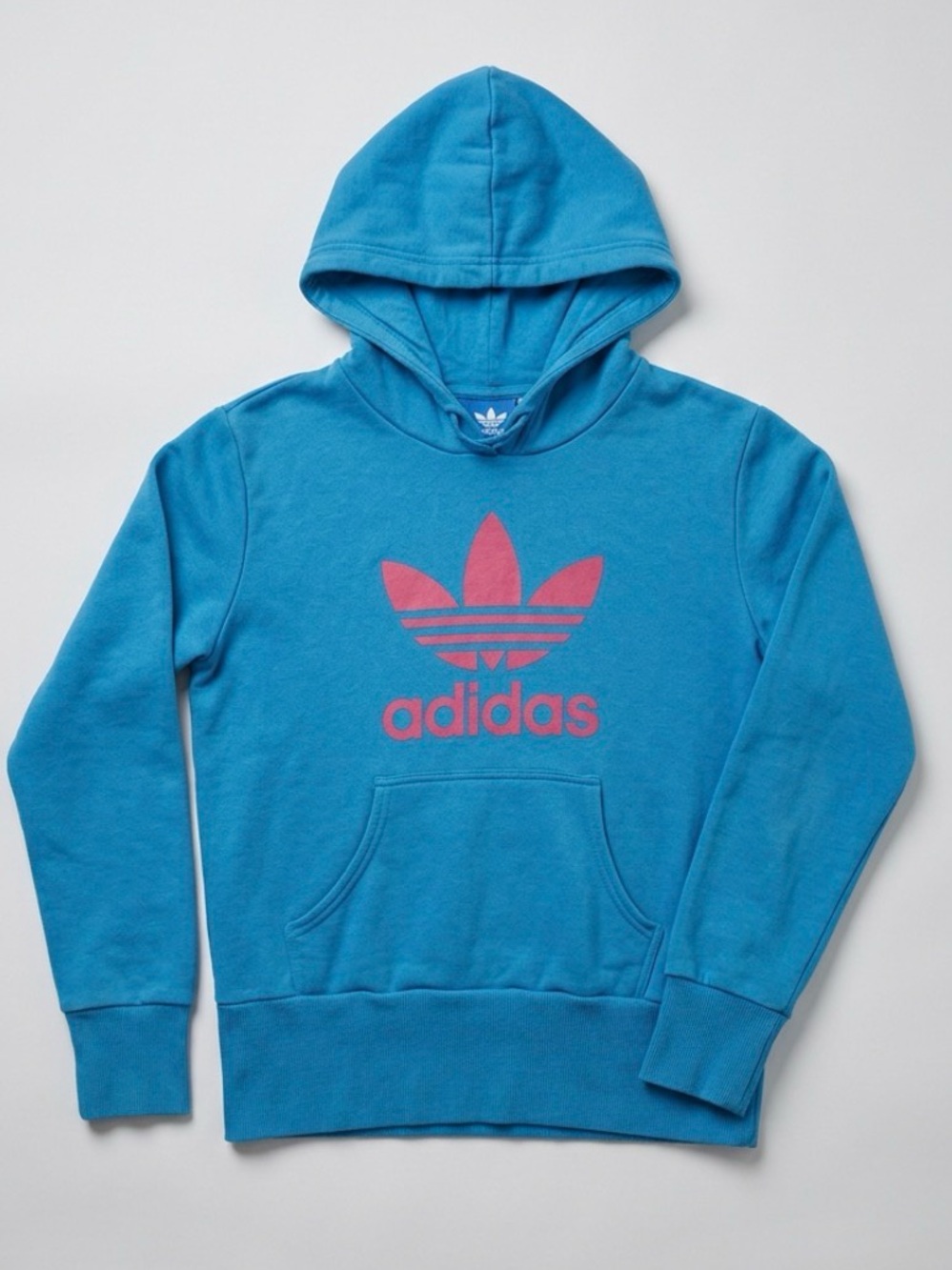 ADIDAS HOODIE SWEATSHIRT BLUE PINK LOGO LONG SLEEVE POUCH POCKET KIDS LARGE